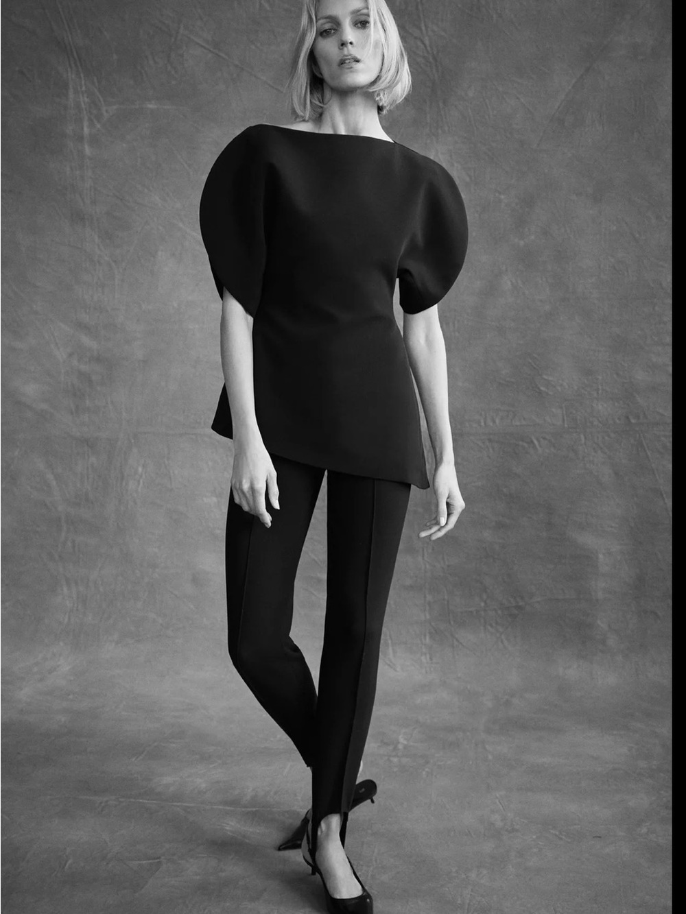 Zara Black Sculpted Puff-Sleeve Top with Slim Black Pants